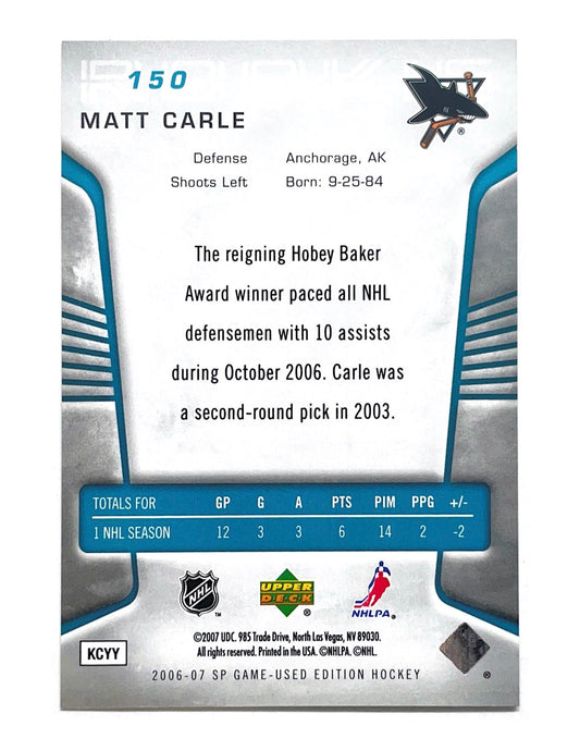 Matt Carle 2006-07 Upper Deck SP Game Used Authentic Rookies #150 - 675/999