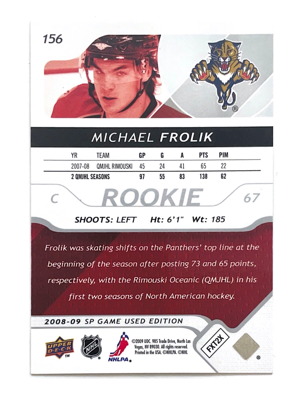 Michael Frolik 2008-09 Upper Deck SP Game Used Authentic Rookie #156 - 050/999