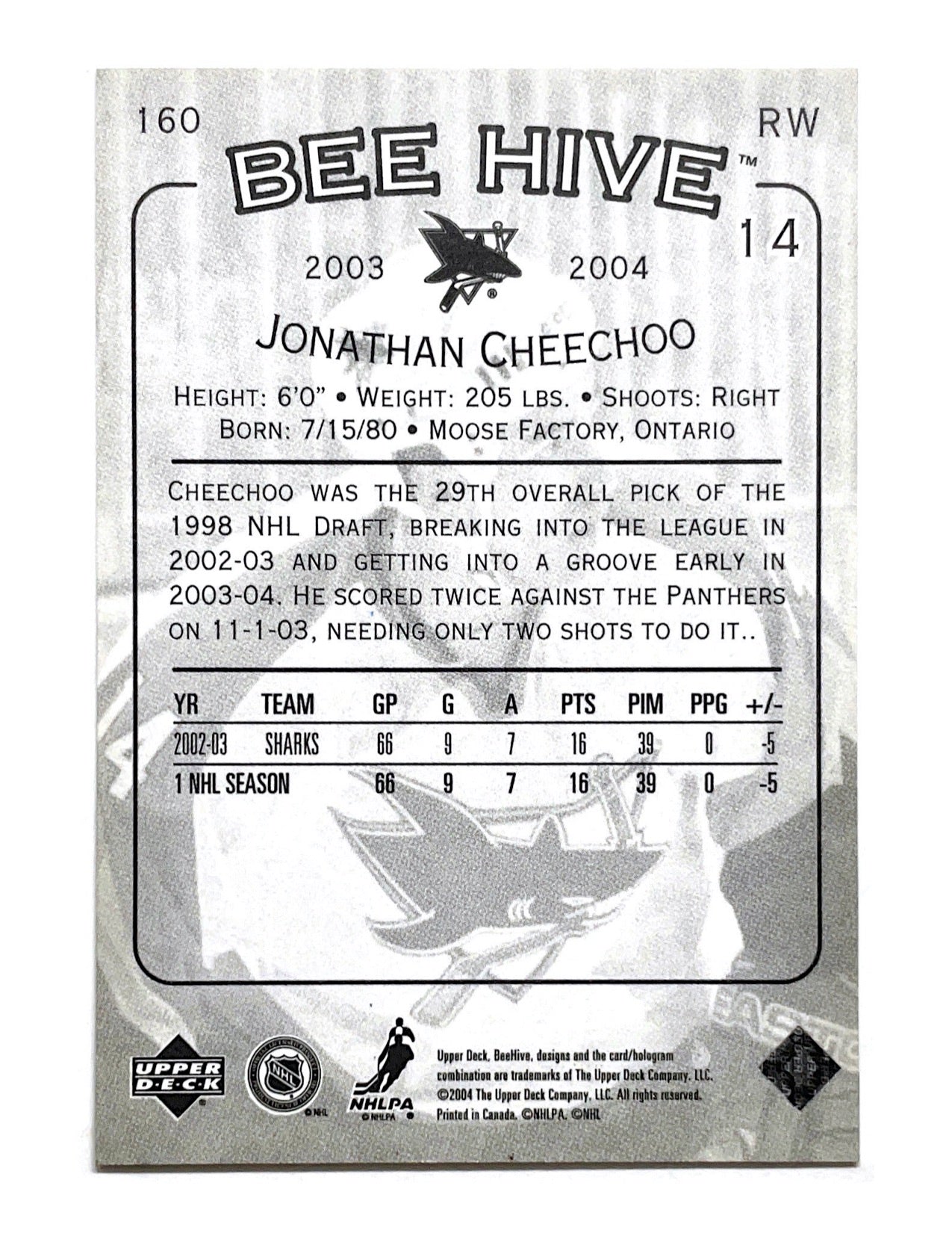 Jonathan Cheechoo 2003-04 Upper Deck Bee Hive #160 - In-Person Autograph