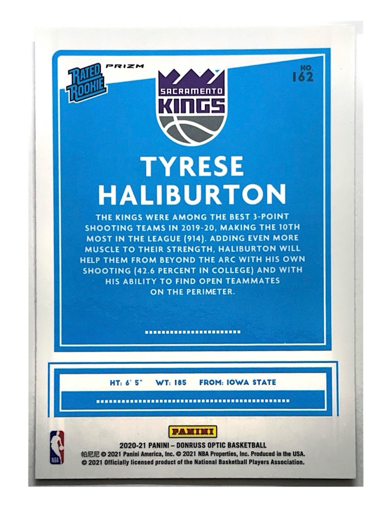 Tyrese Haliburton 2020-21 Panini Donruss Optic Rated Rookie Purple Prizm #162