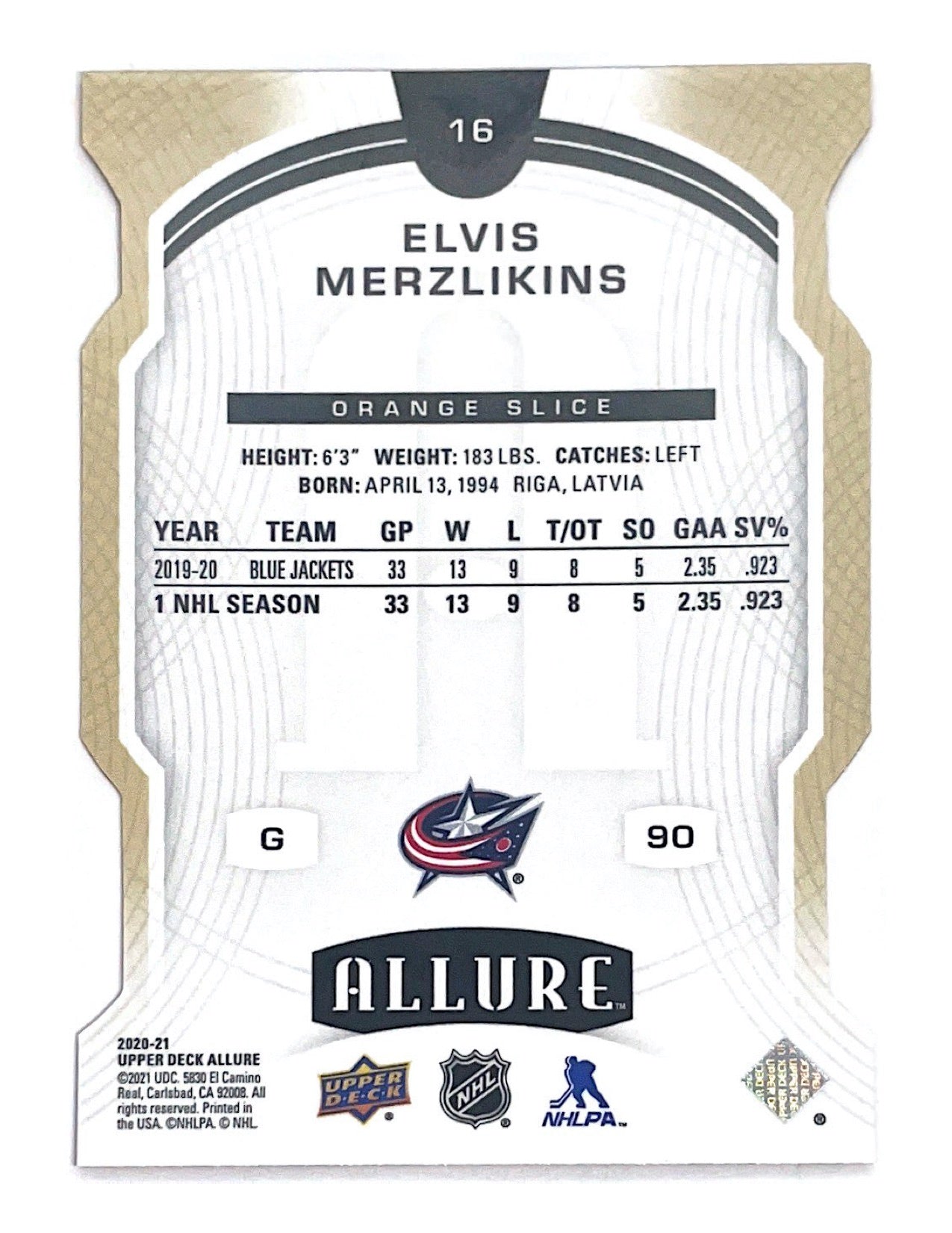 Elvis Merzlikins 2020-21 Upper Deck Allure Orange Slice #16