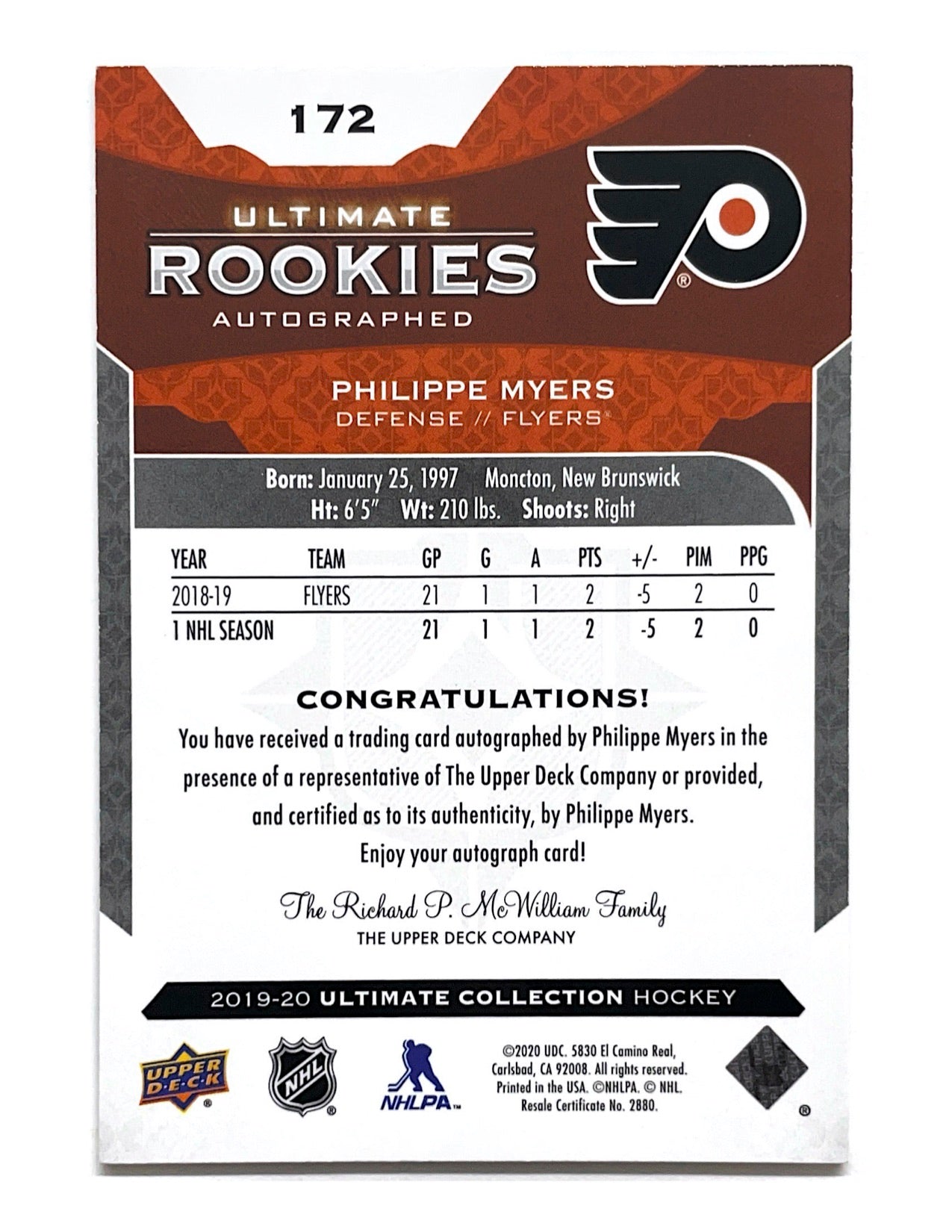 Philippe Myers 2020-21 Upper Deck Ultimate Collection Ultimate Rookies Autographed Update #172 - 054/299