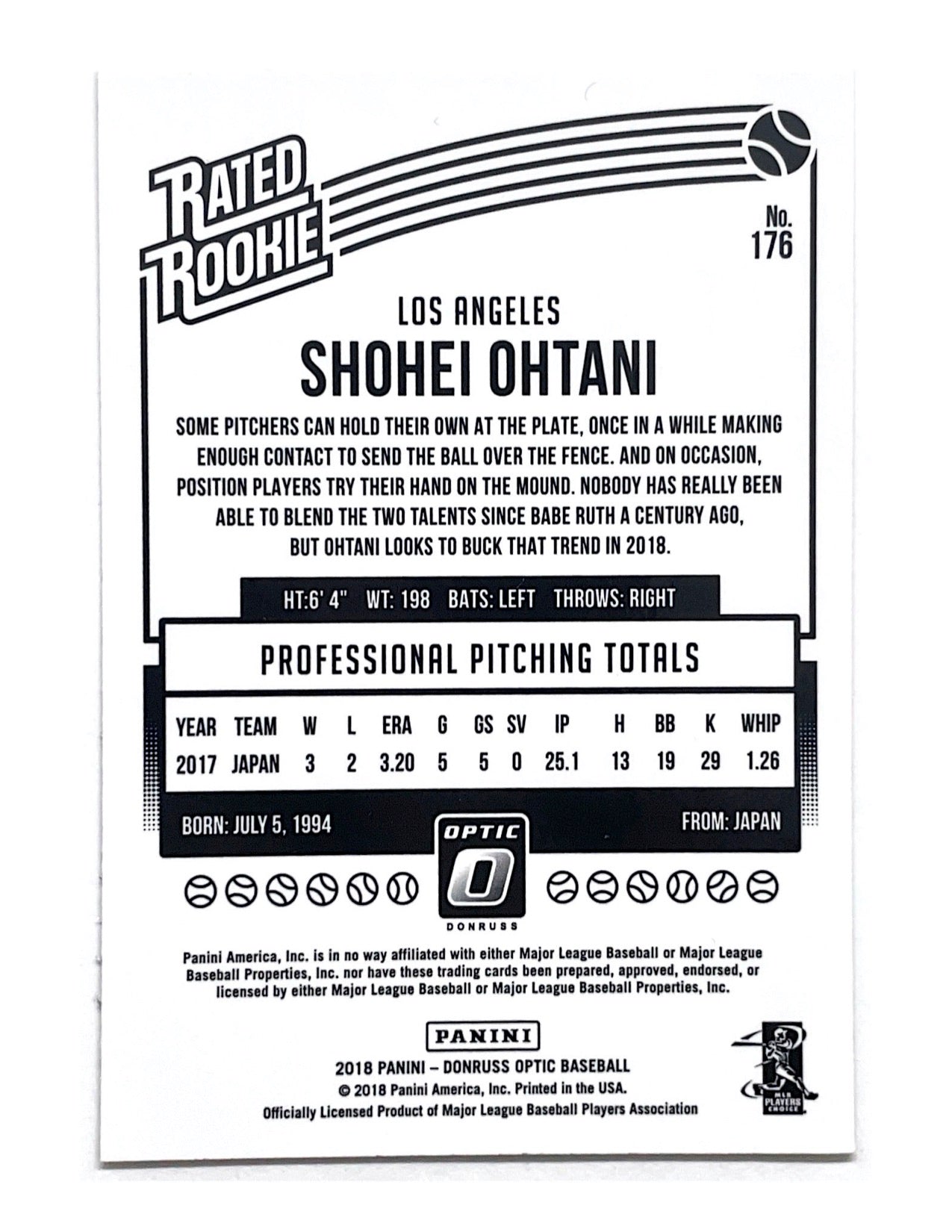 Shohei Ohtani 2018 Panini Donruss Optic Rated Rookie #176