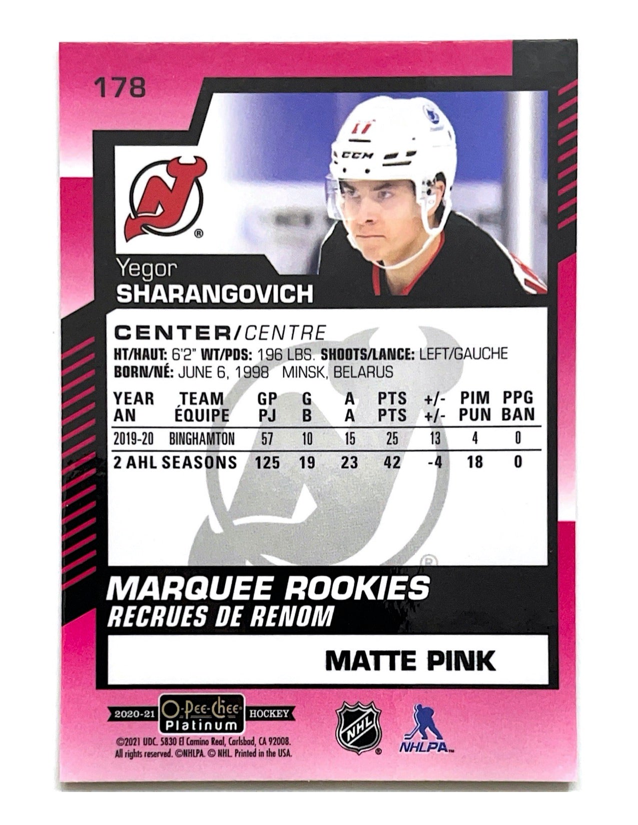 Yegor Sharangovich 2020-21 O-Pee-Chee Platinum Matte Pink #178