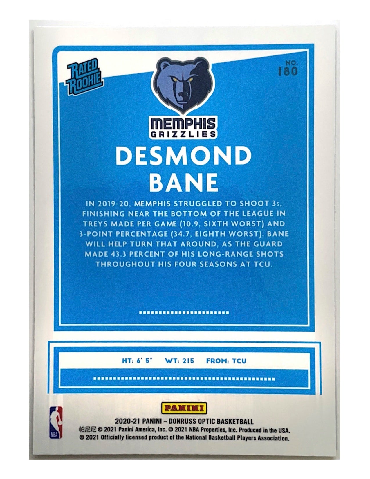 Desmond Bane 2020-21 Panini Donruss Optic Rated Rookie #180