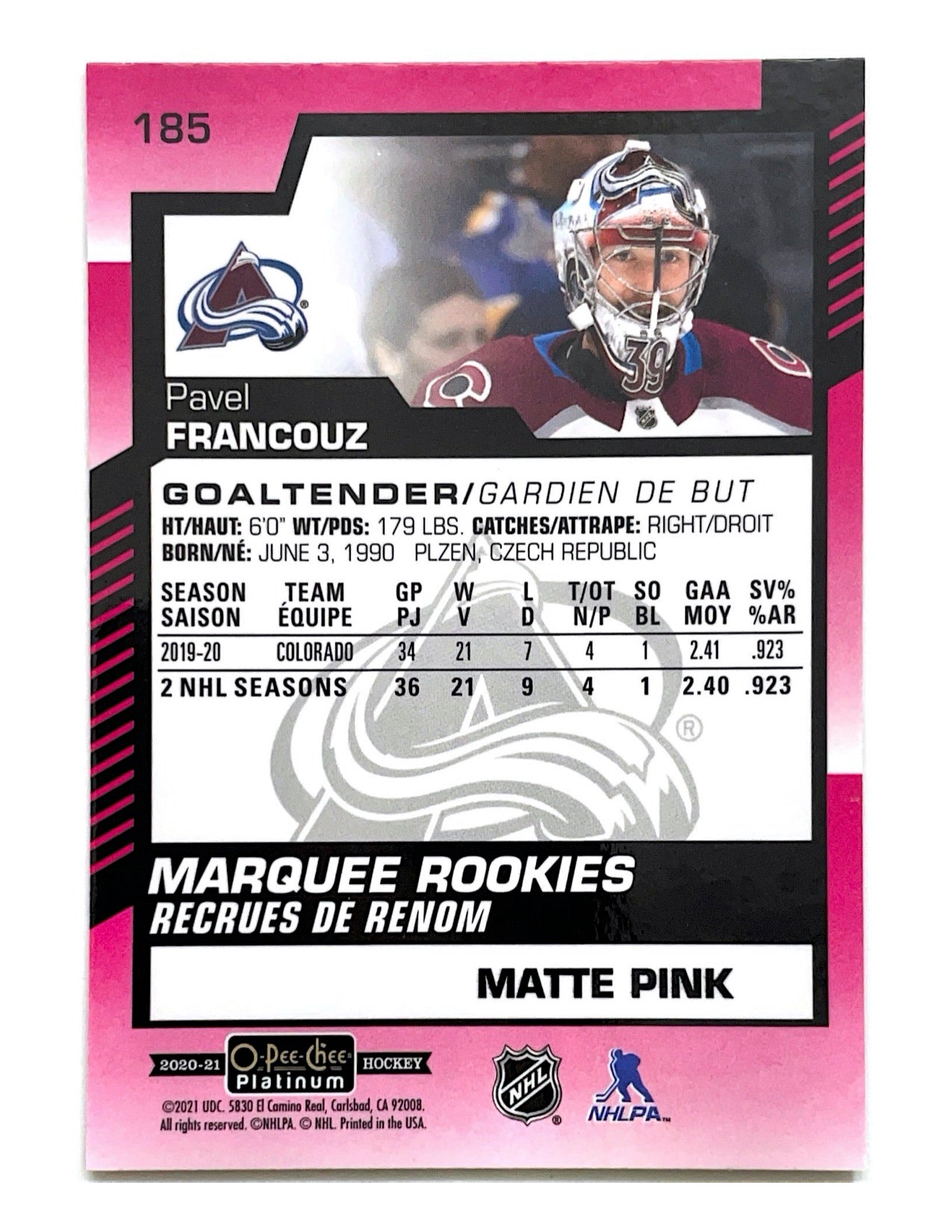 Pavel Francouz 2020-21 O-Pee-Chee Platinum Matte Pink #185