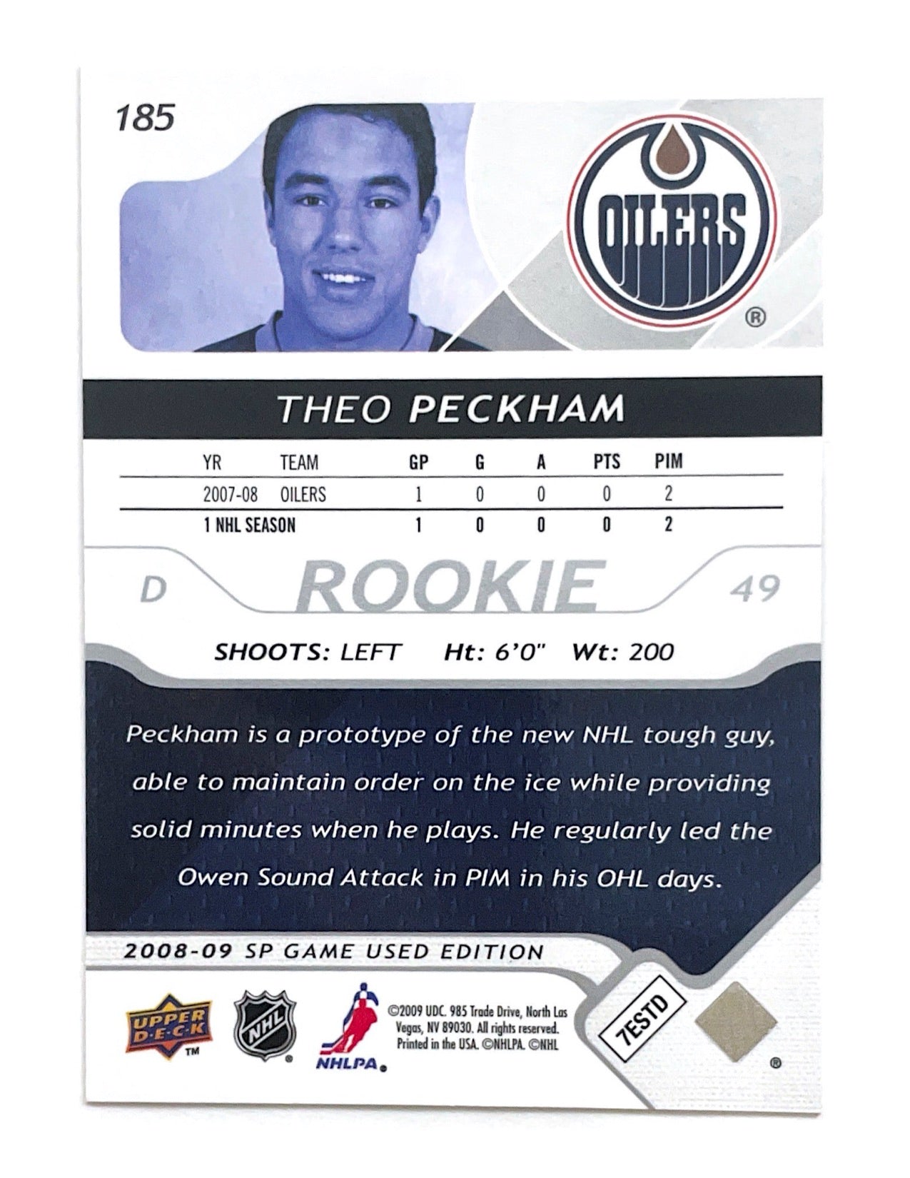 Theo Peckham 2008-09 Upper Deck SP Game Used Authentic Rookie #185 - 732/999