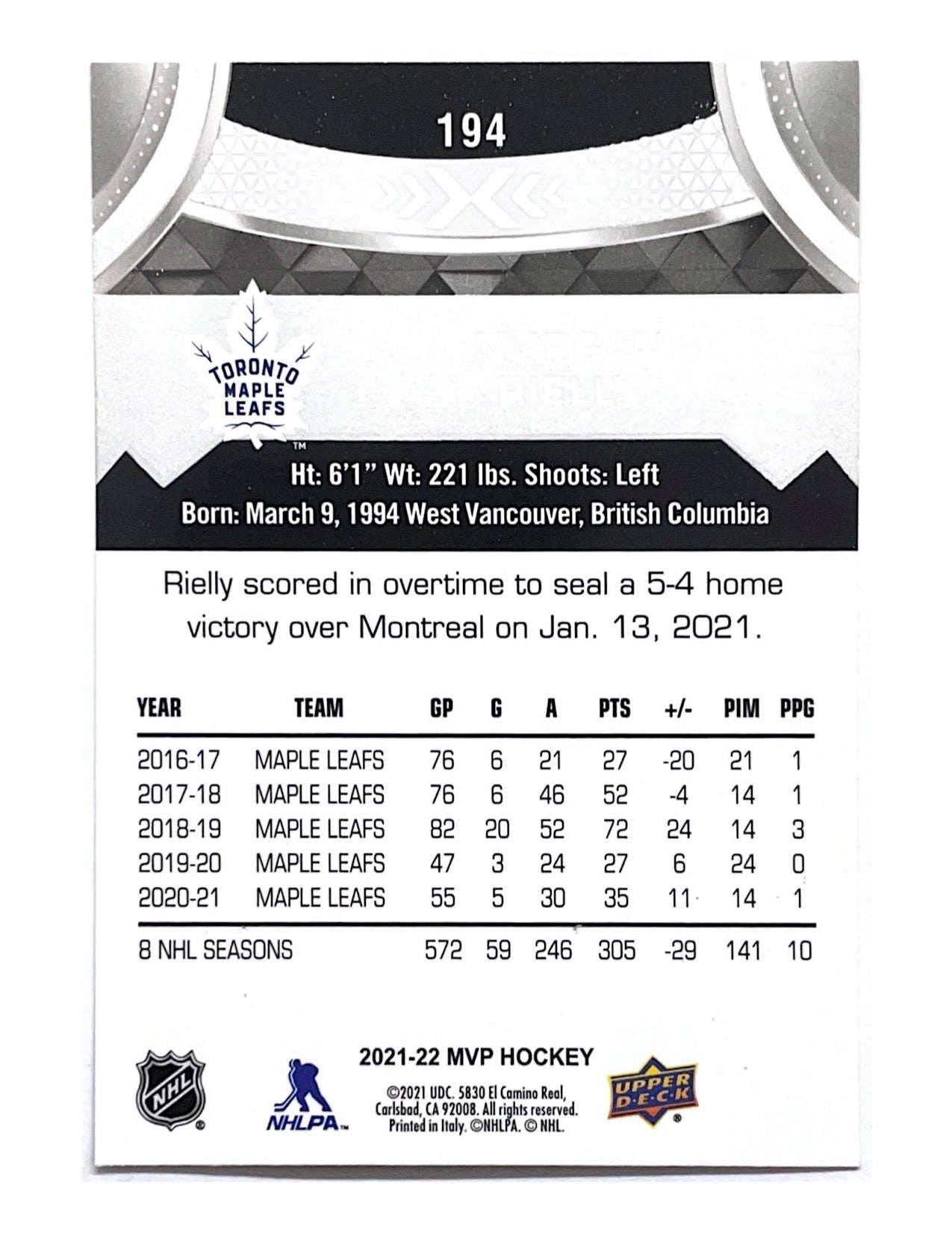 Morgan Rielly 2021-22 Upper Deck MVP Silver Scripts #194