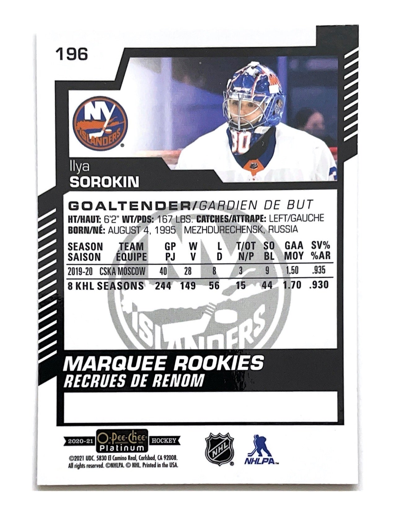 Ilya Sorokin 2020-21 O-Pee-Chee Platinum Marquee Rookies #196