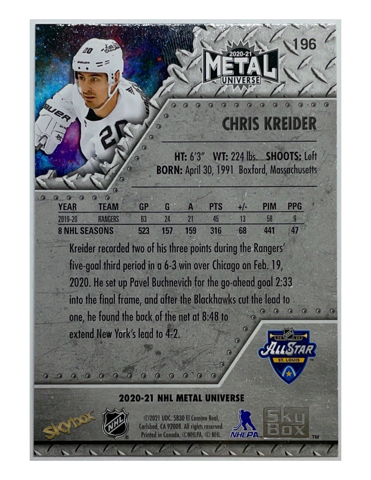 Chris Kreider 2020-21 Upper Deck Skybox Metal Universe All-Stars Blue #196