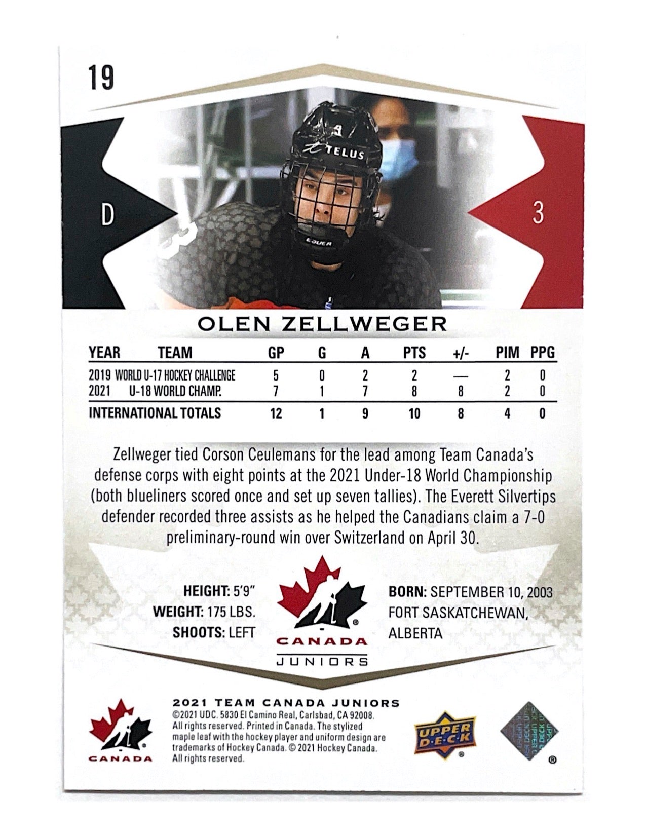 Olen Zellweger 2020-21 Upper Deck Team Canada Juniors Midnight #19 - 39/50
