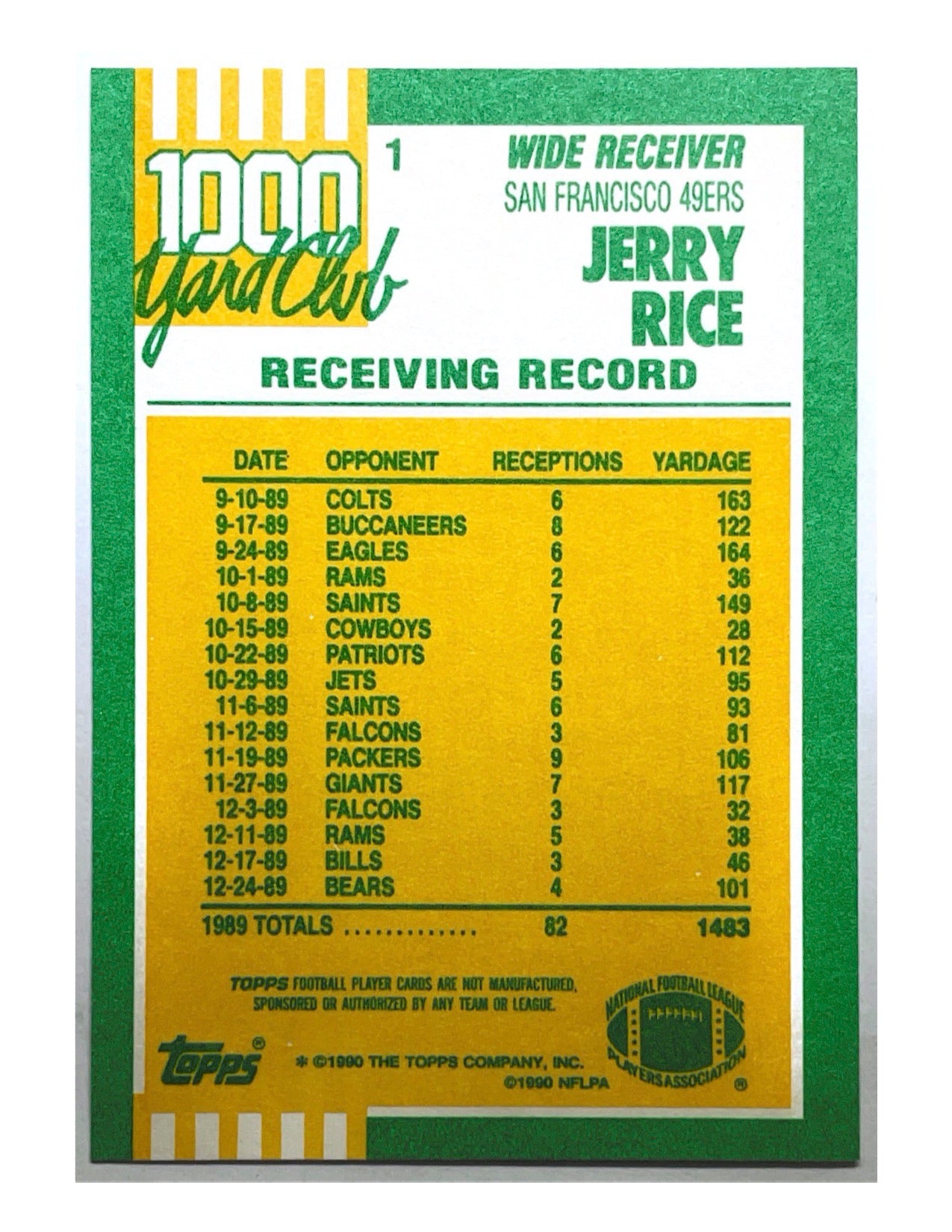 Jerry Rice 1990 Topps 1000 Yard Club #1