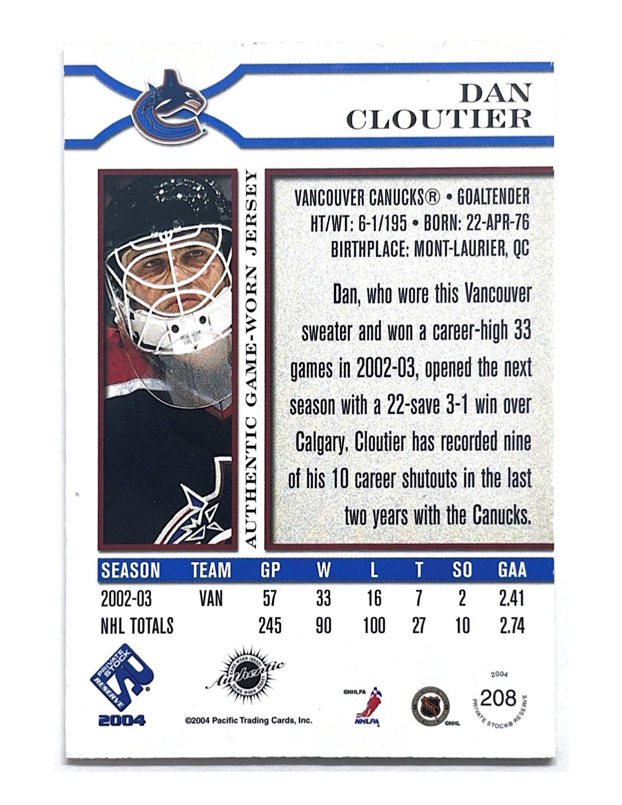 Dan Cloutier 2003-04 Private Stock Reserve Authentic Patch Variation #208 - 068/750
