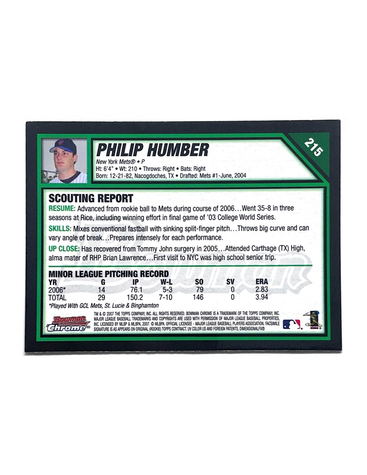 Philip Humber 2007 Topps Bowman Chrome Rookie #215