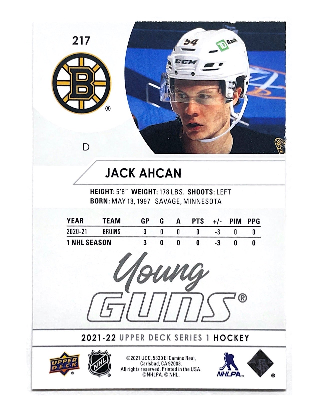 Jack Ahcan 2021-22 Upper Deck Series 1 Young Guns #217