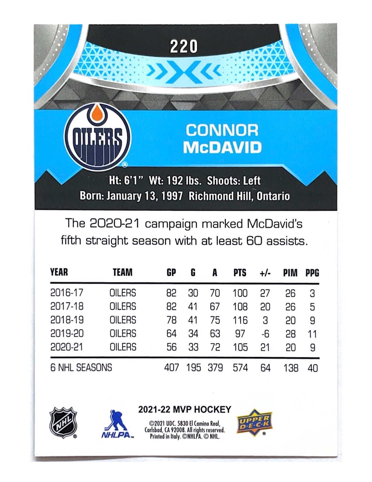 Connor McDavid 2021-22 Upper Deck MVP #220