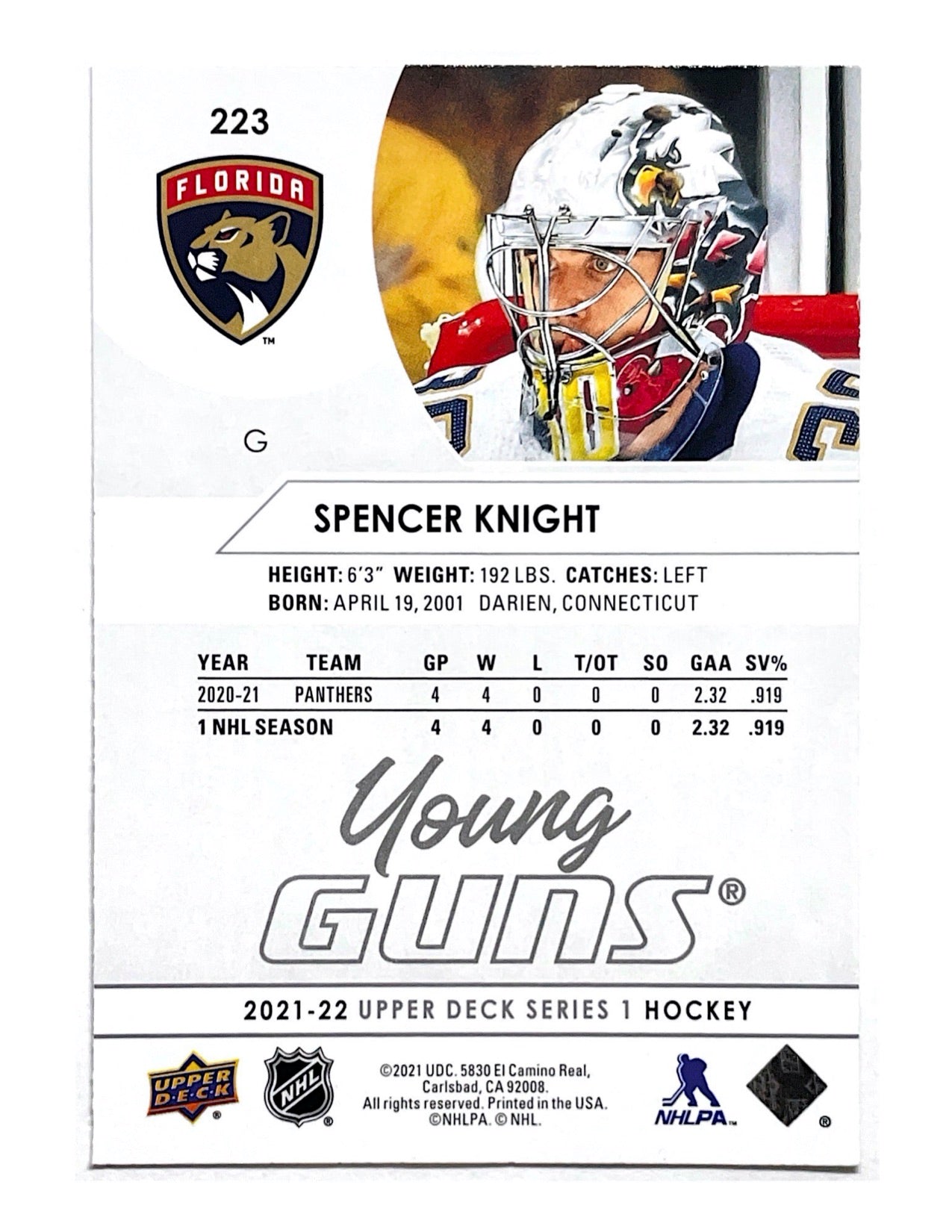 Spencer Knight 2021-22 Upper Deck Series 1 Young Guns #223