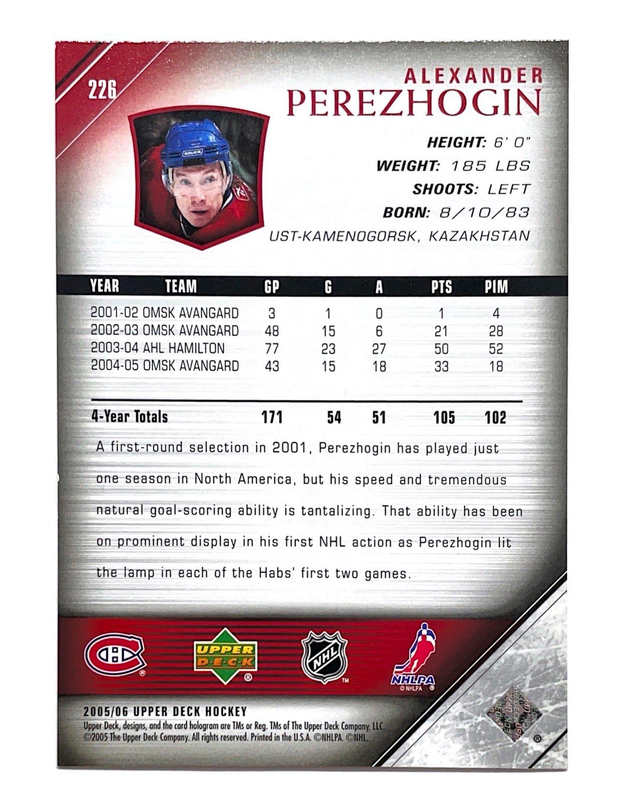 Alexander Perezhogin 2005-06 Upper Deck Series 1 Young Guns #226