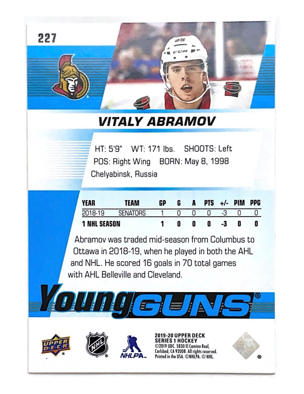 Vitaly Abramov 2019-20 Upper Deck Series 1 Young Guns #227