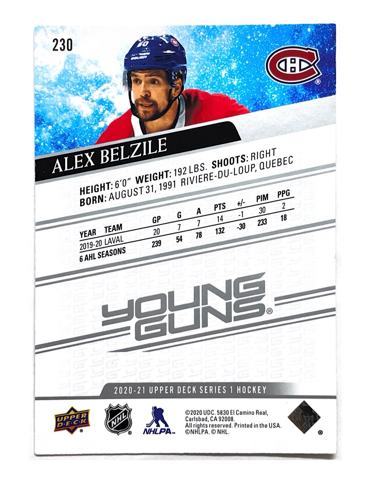 Alex Belzile 2020-21 Upper Deck Series 1 Young Guns #230