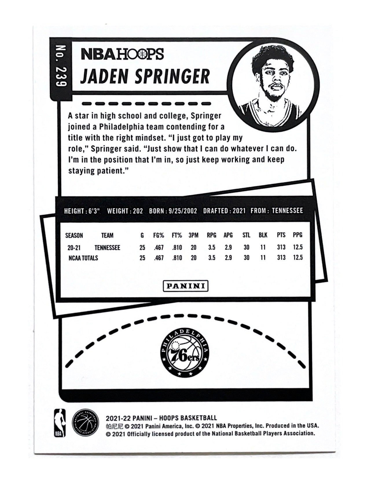 Jaden Springer 2021-22 Panini Hoops Rookie #239