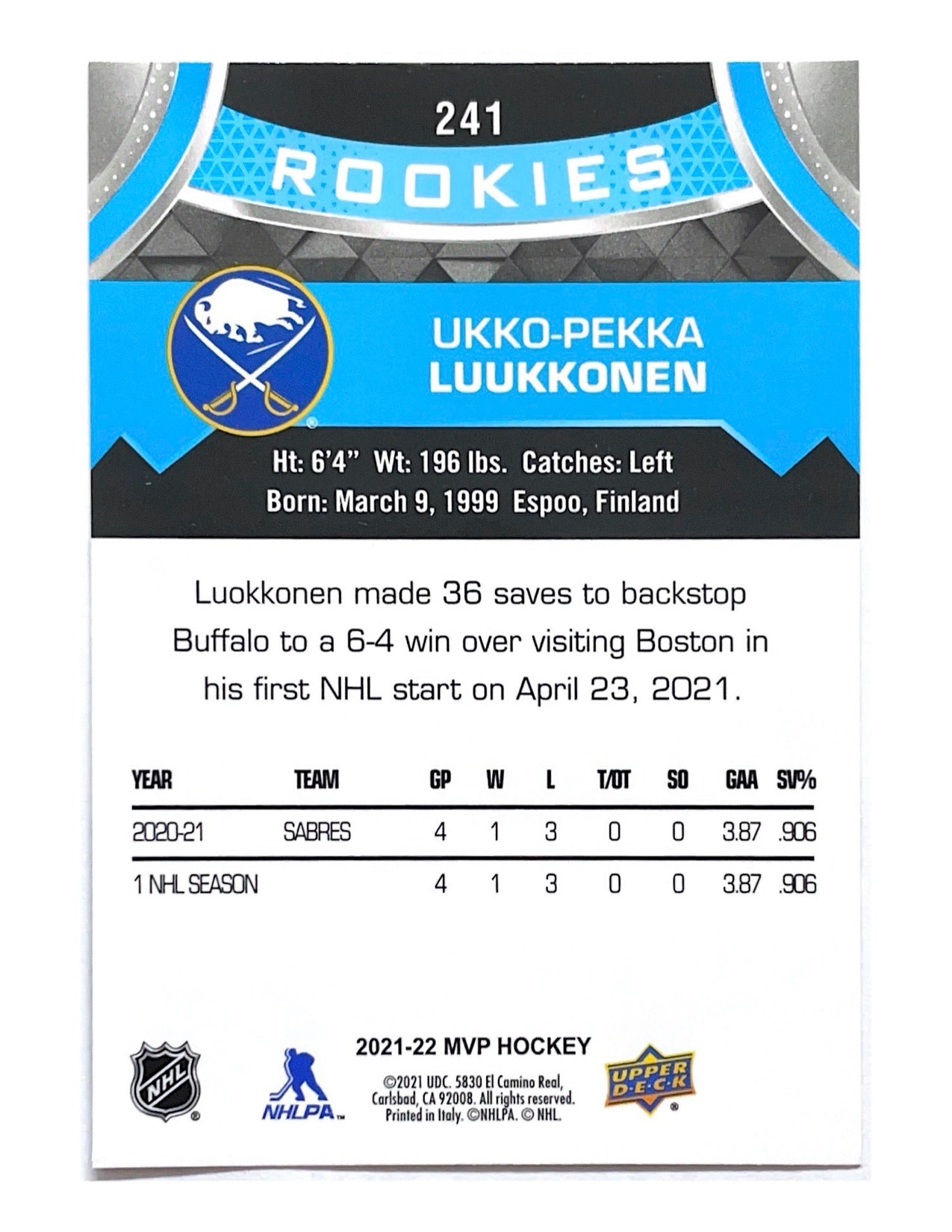 Ukko-Pekka Luukkonen 2021-22 Upper Deck MVP Rookies #241