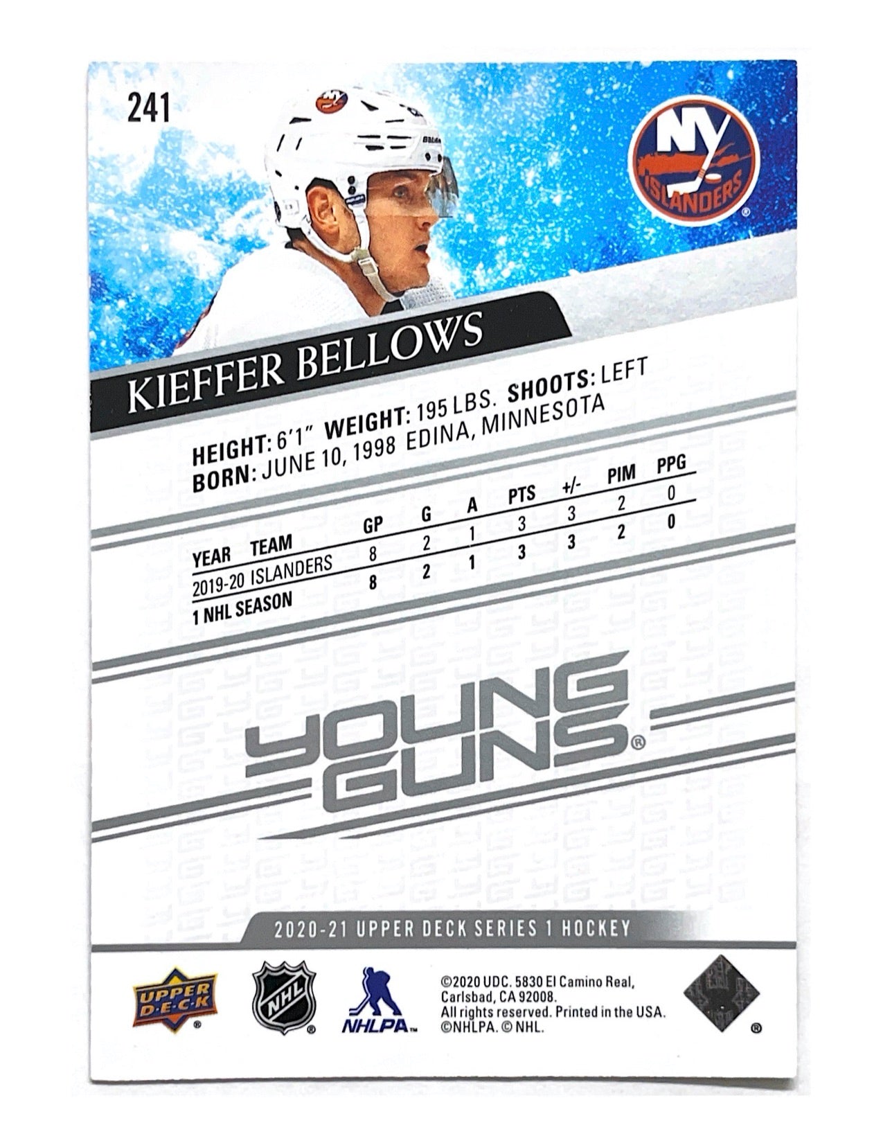 Kieffer Bellows 2020-21 Upper Deck Series 1 Young Guns #241