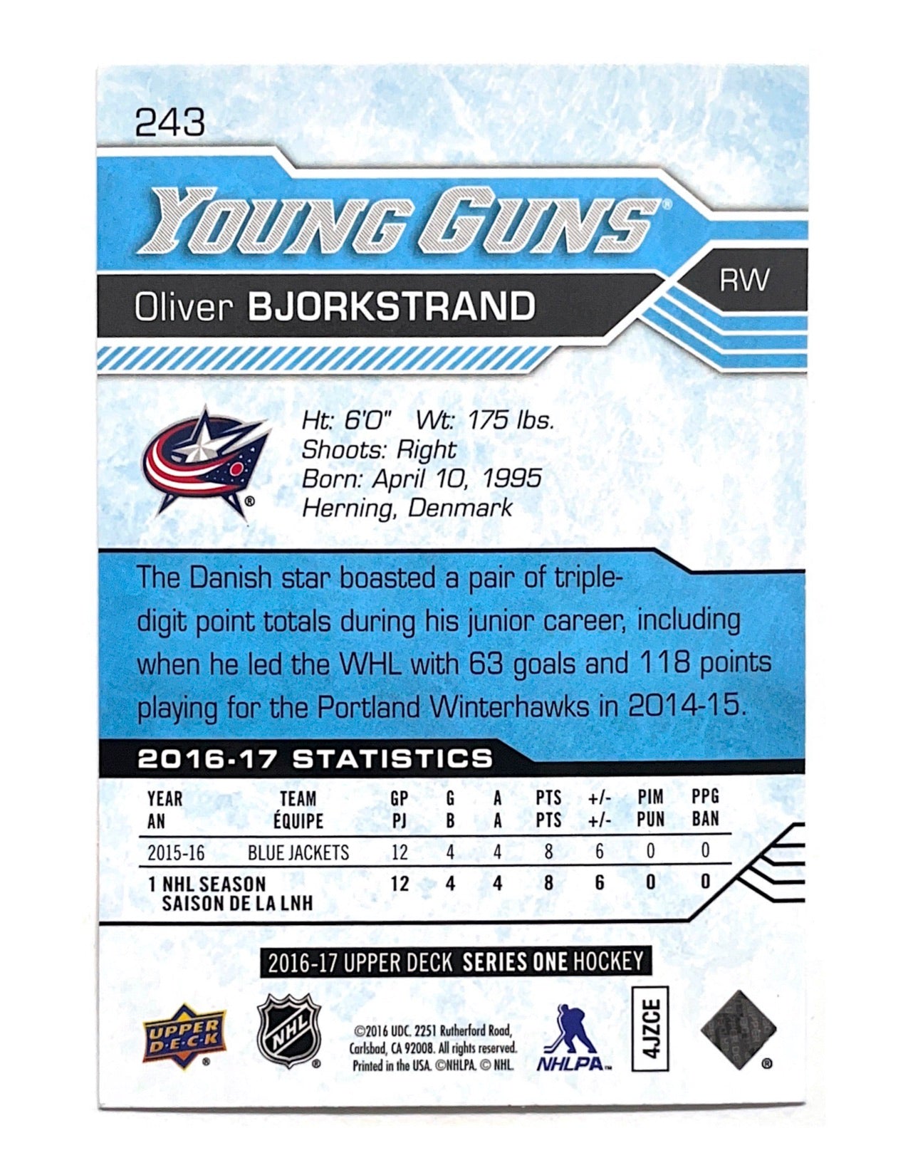 Oliver Bjorkstrand 2016-17 Upper Deck Series 1 Young Guns #243