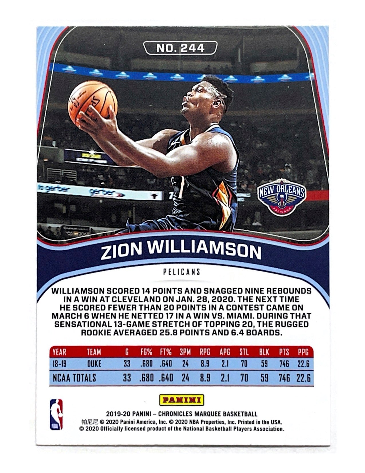 Zion Williamson 2019-20 Panini Chronicles Marquee Rookie #244