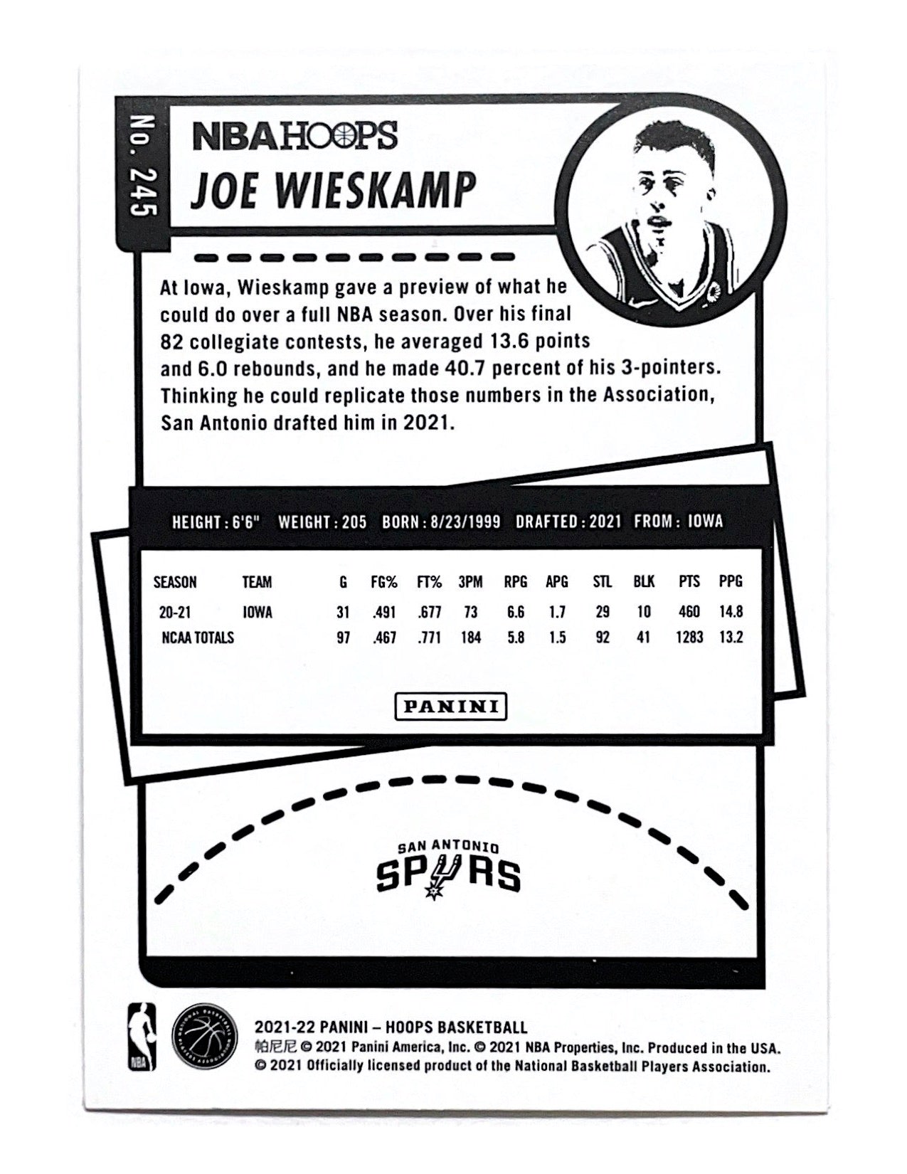 Joe Wieskamp 2021-22 Panini Hoops Rookie #245