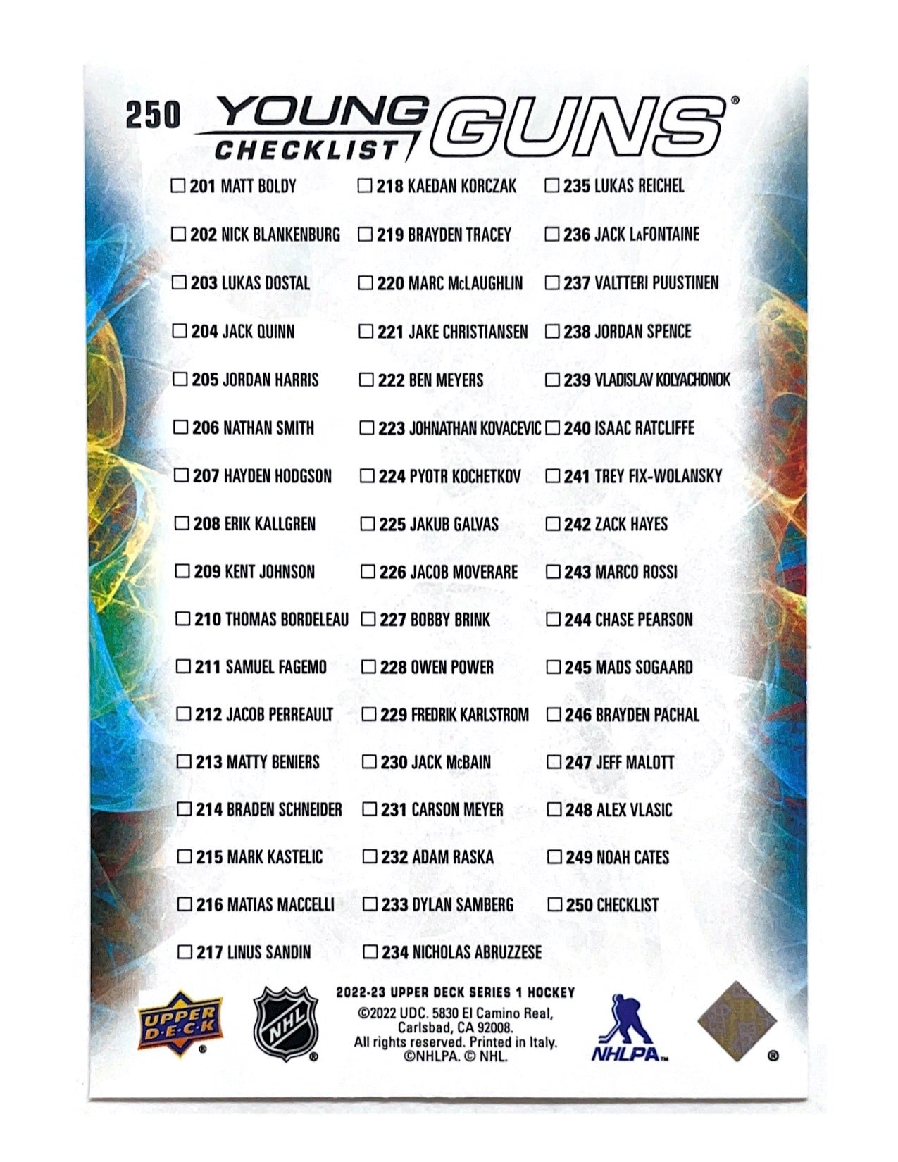 Matt Boldy/Marco Rossi 2022-23 Upper Deck Series 1 Young Guns Checklist #250