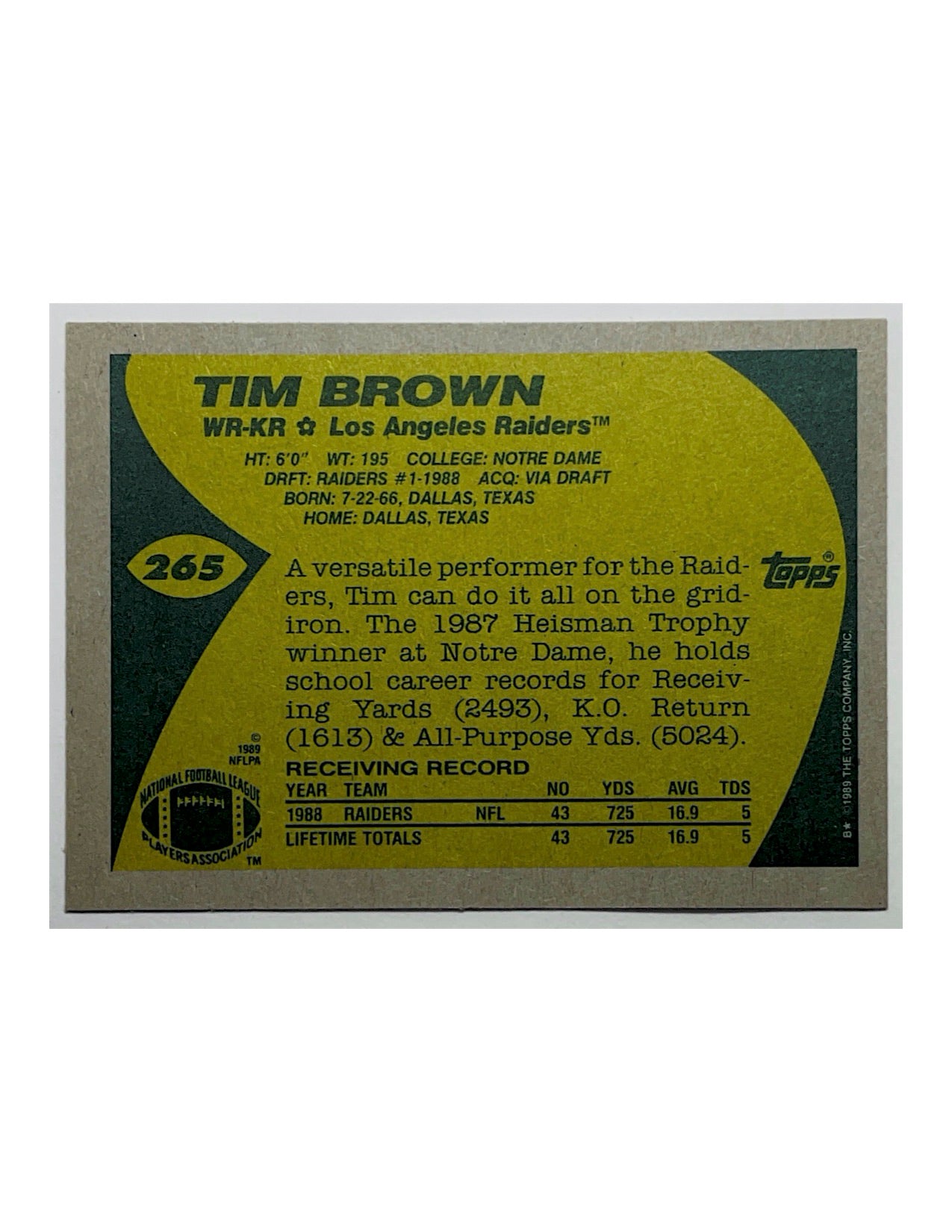 Tim Brown 1989 Topps All Pro Rookie #265