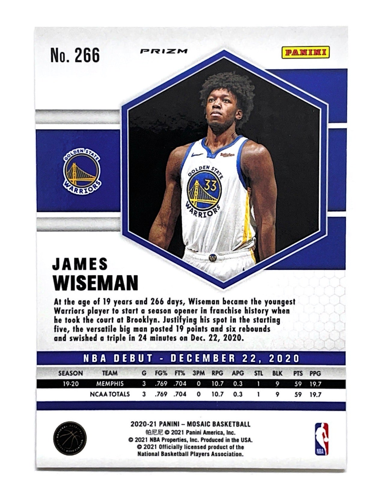 James Wiseman 2020-21 Panini Mosaic NBA Debut Green #266