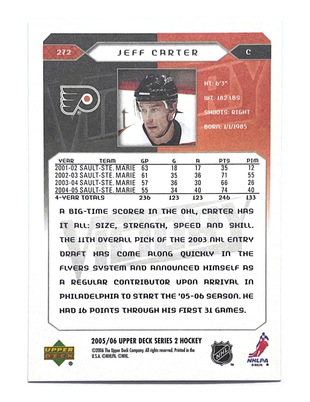 Jeff Carter 2005-06 Upper Deck Series 2 Victory Rookies #272