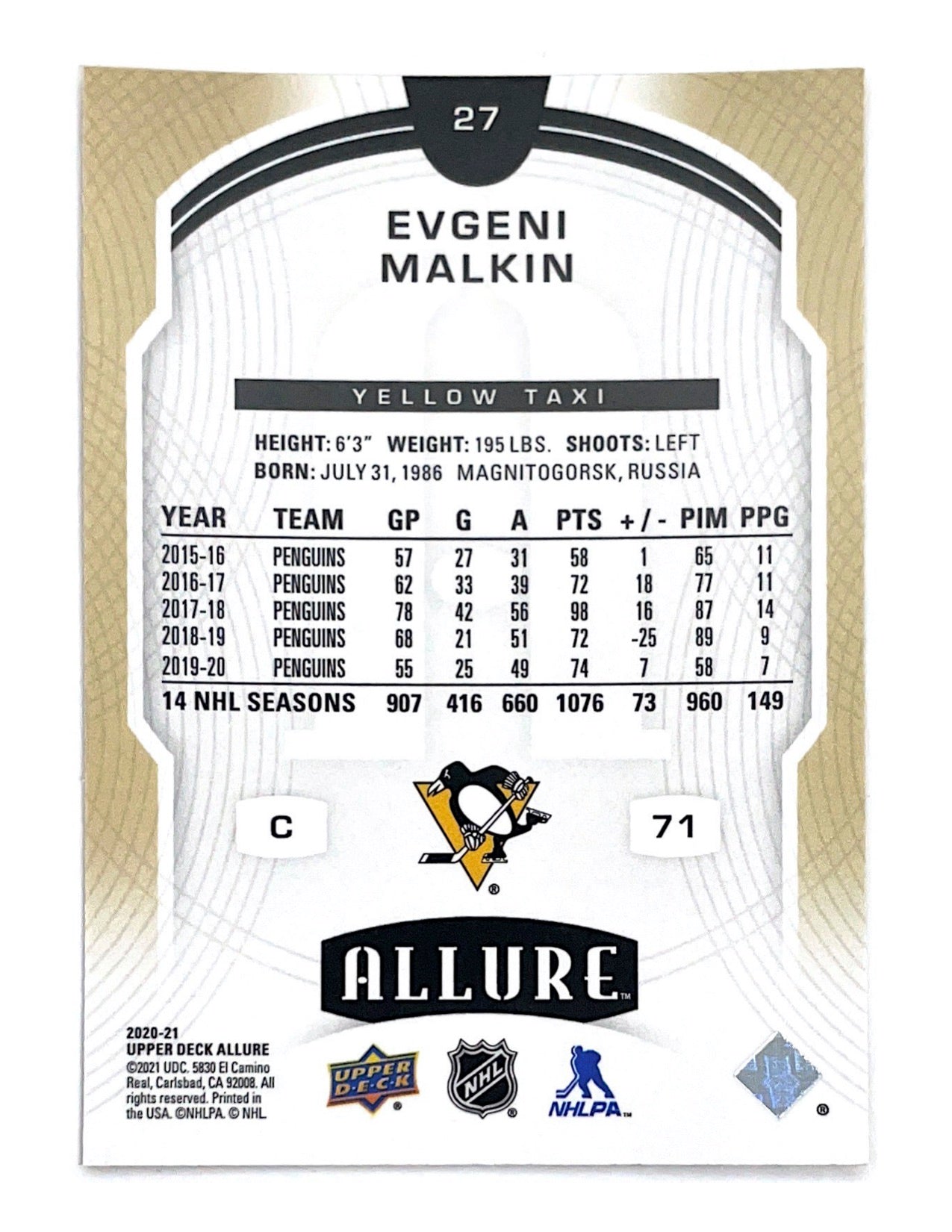 Evgeni Malkin 2020-21 Upper Deck Allure Yellow Taxi #27