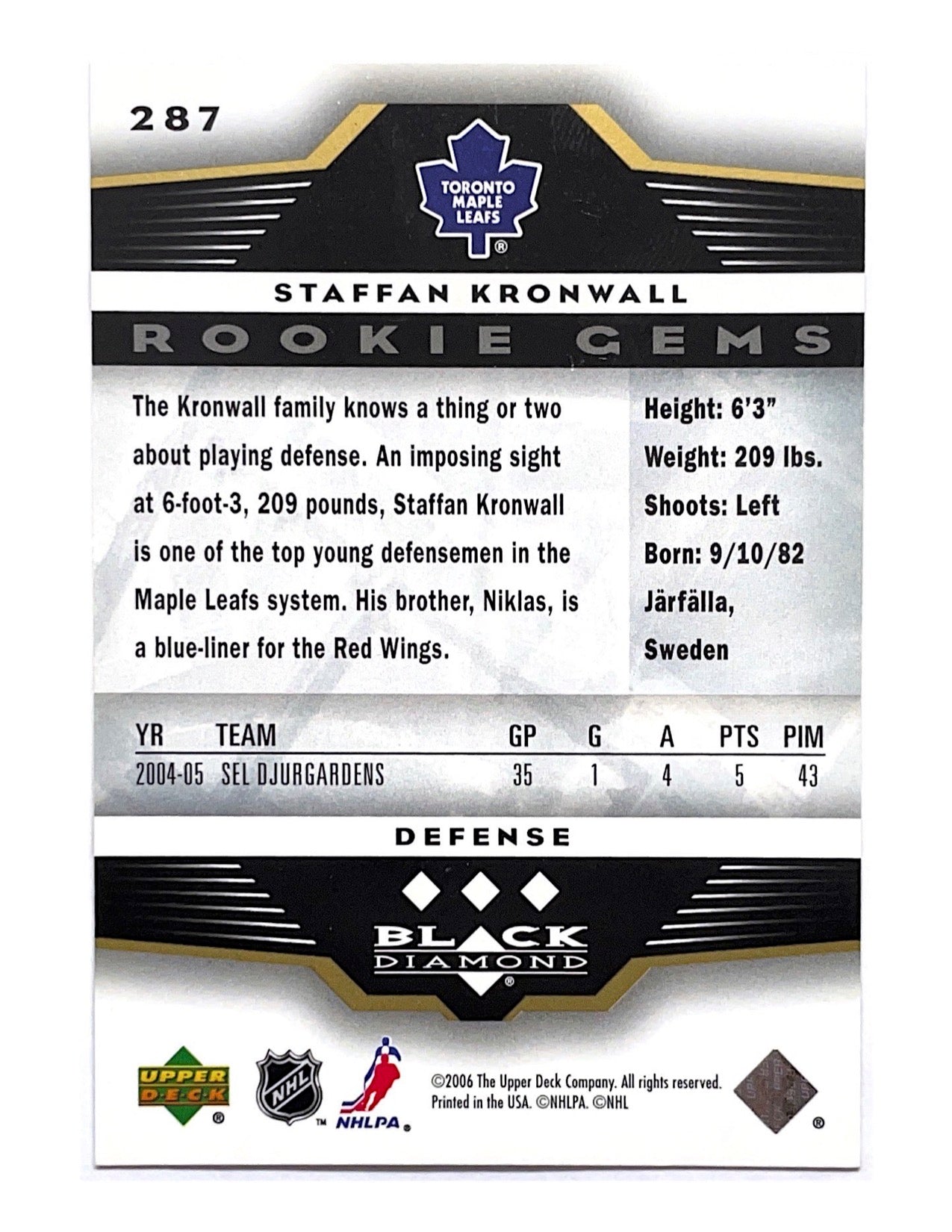 Staffan Kronwall 2005-06 Upper Deck Black Diamond Rookie Gems #287