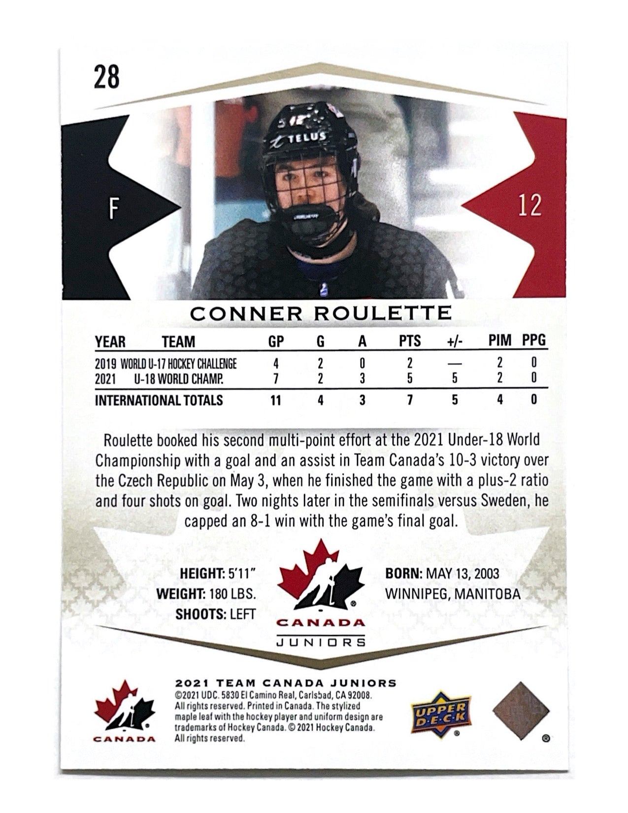 Conner Roulette 2020-21 Upper Deck Team Canada Juniors Midnight #28 - 21/50