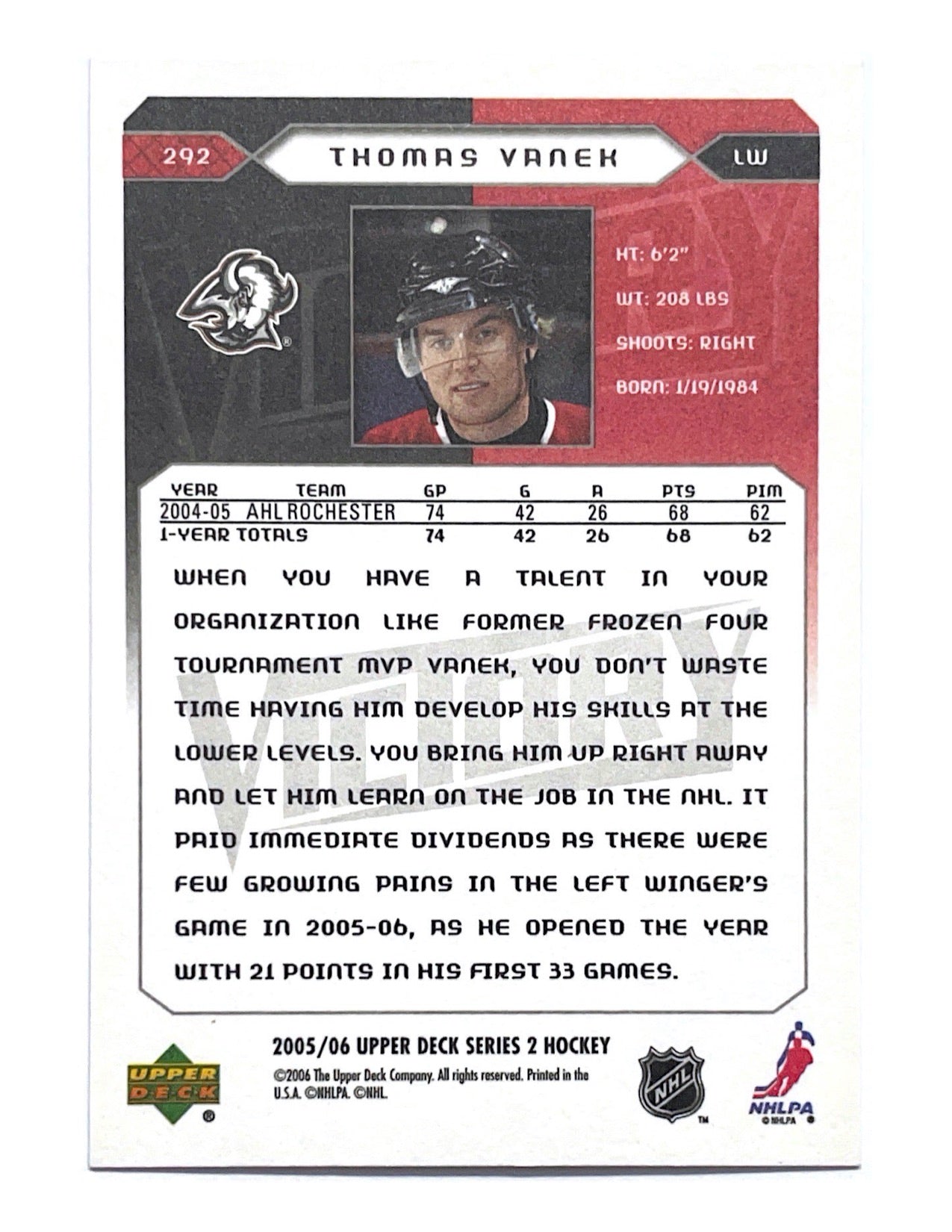 Thomas Vanek 2005-06 Upper Deck Series 2 Victory Rookies #292