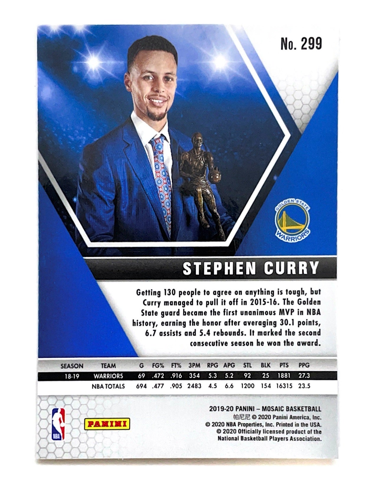 Stephen Curry 2019-20 Panini Mosaic MVP's #299