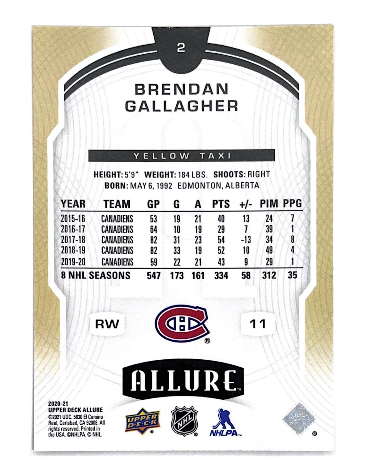 Brendan Gallagher 2020-21 Upper Deck Allure Yellow Taxi #2