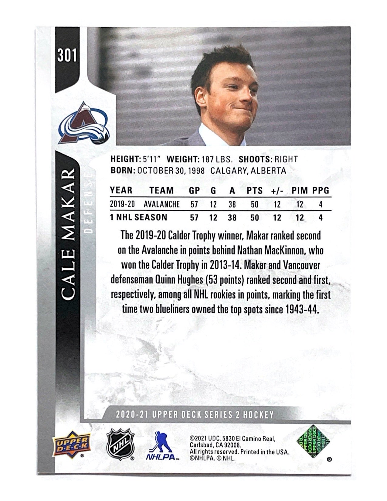 Cale Makar 2020-21 Upper Deck Series 2 Suit Variation #301