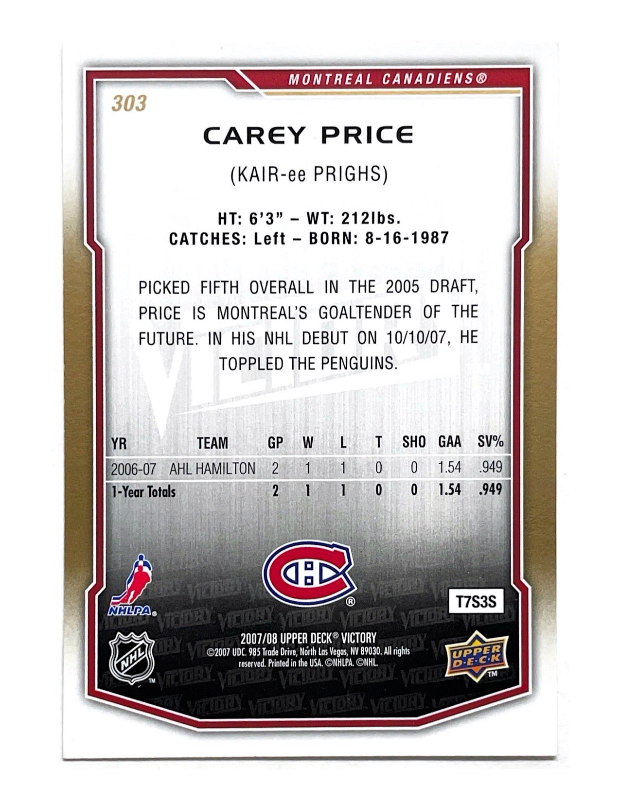 Carey Price 2007-08 Upper Deck Victory Rookie #303