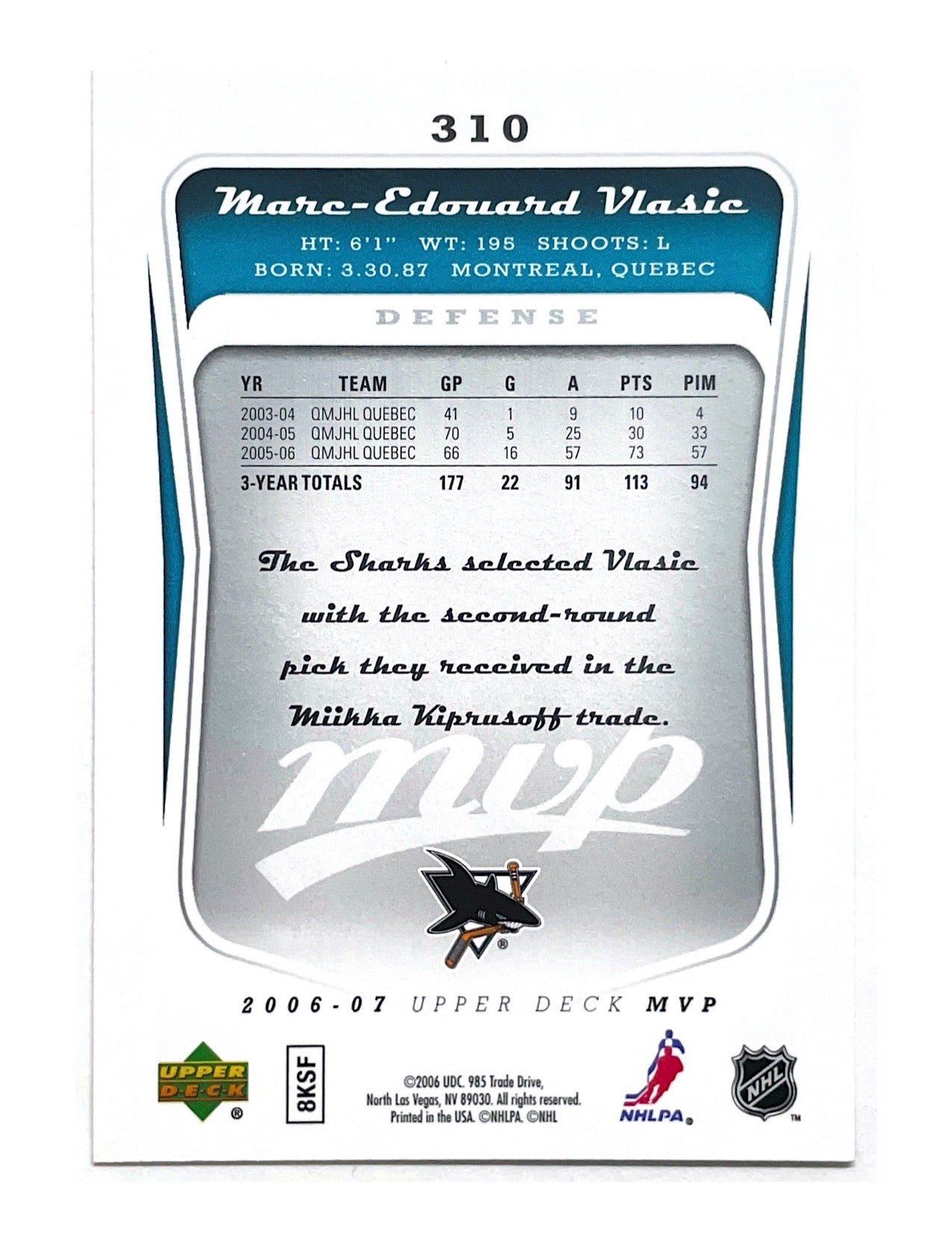 Marc-Edouard Vlasic 2006-07 Upper Deck MVP Rookies #310