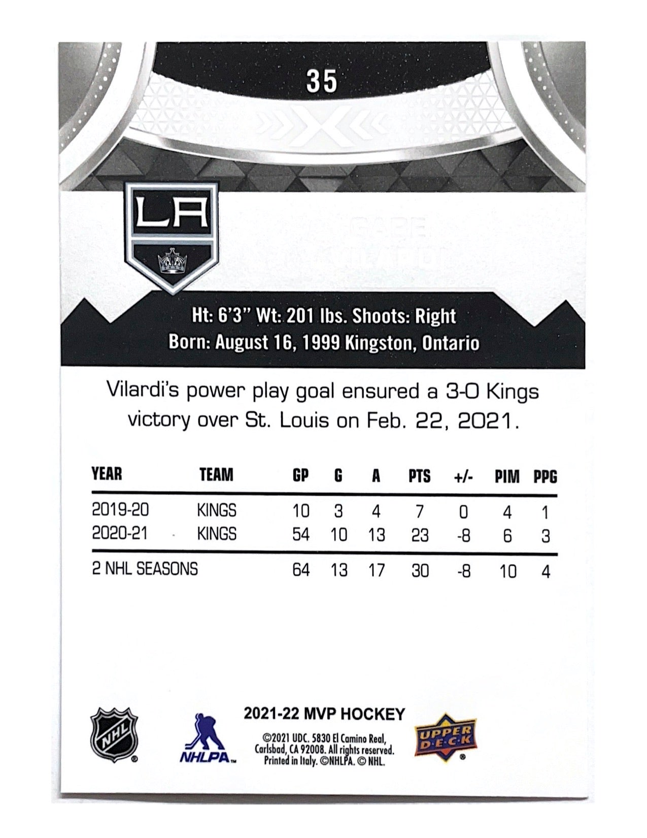 Gabe Vilardi 2021-22 Upper Deck MVP Silver Scripts #35