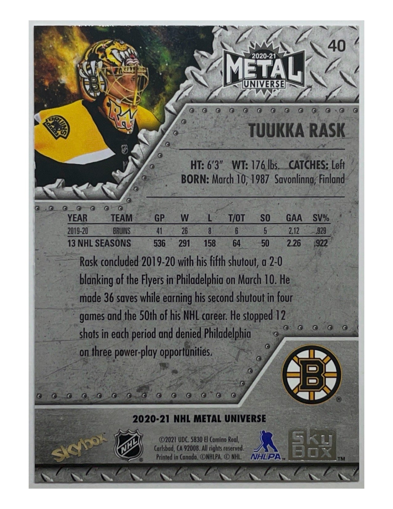 Tuukka Rask 2020-21 Upper Deck Skybox Metal Universe Blue #40