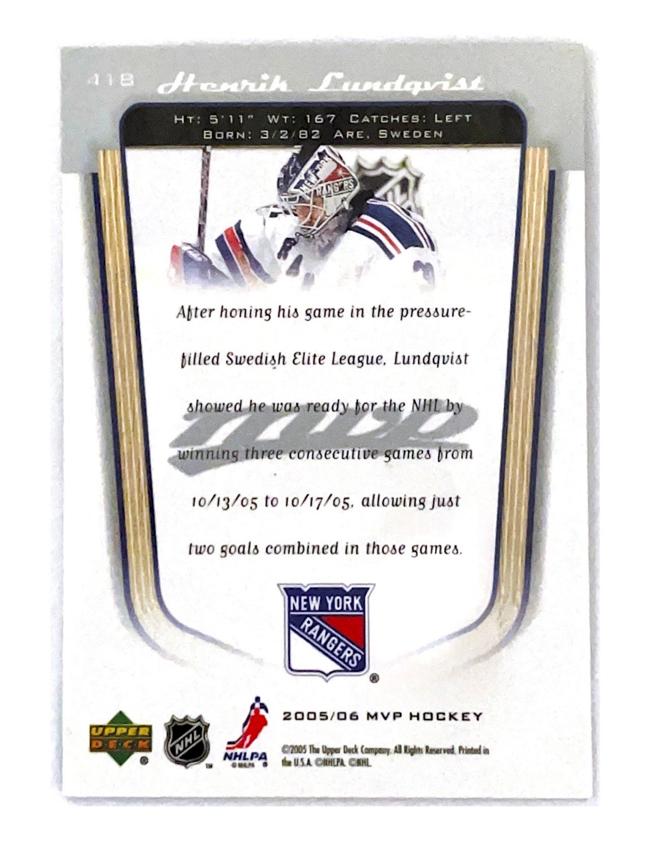 Henrik Lundqvist 2005-06 Upper Deck MVP Rookies #418