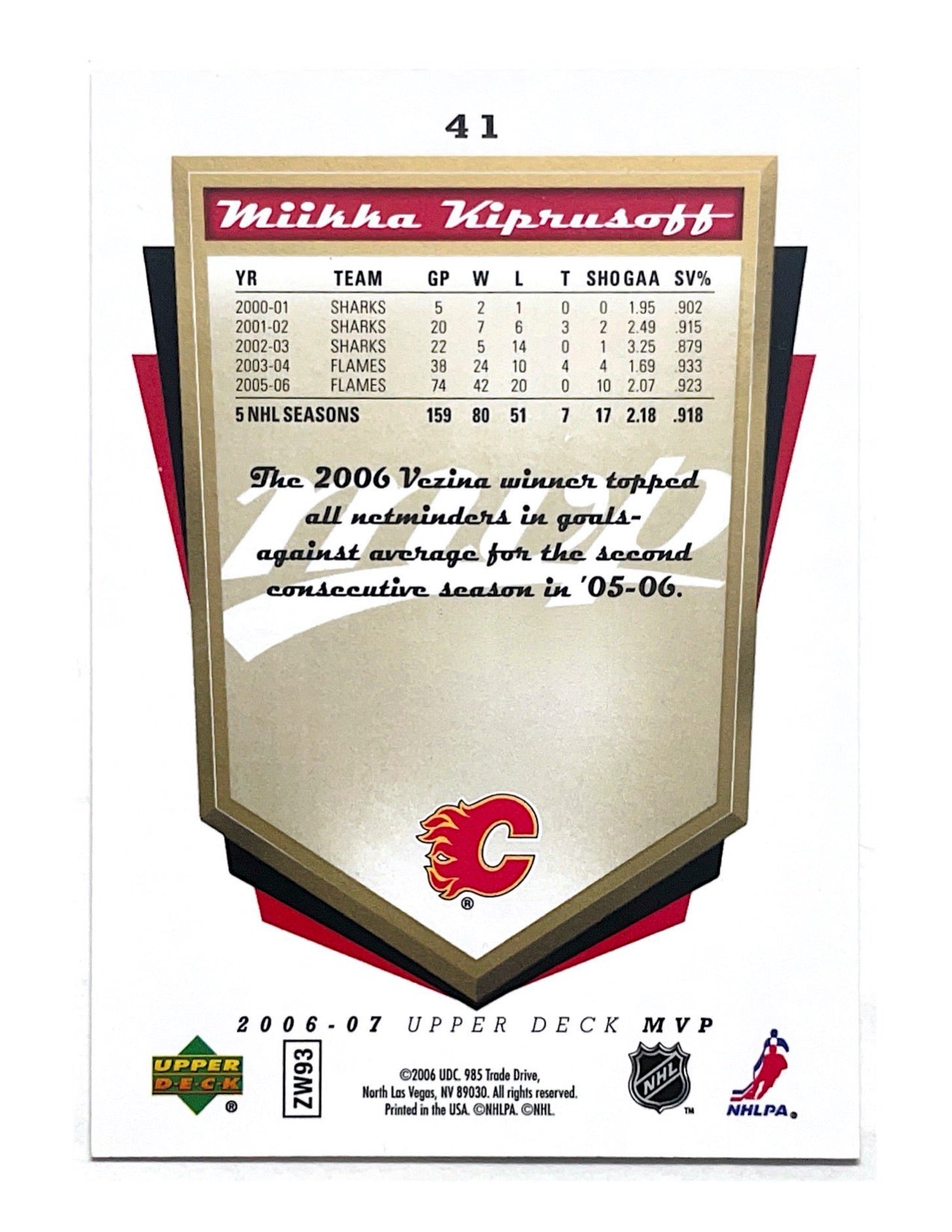 Miikka Kiprusoff 2006-07 Upper Deck MVP Gold Scripts #41 - 026/100