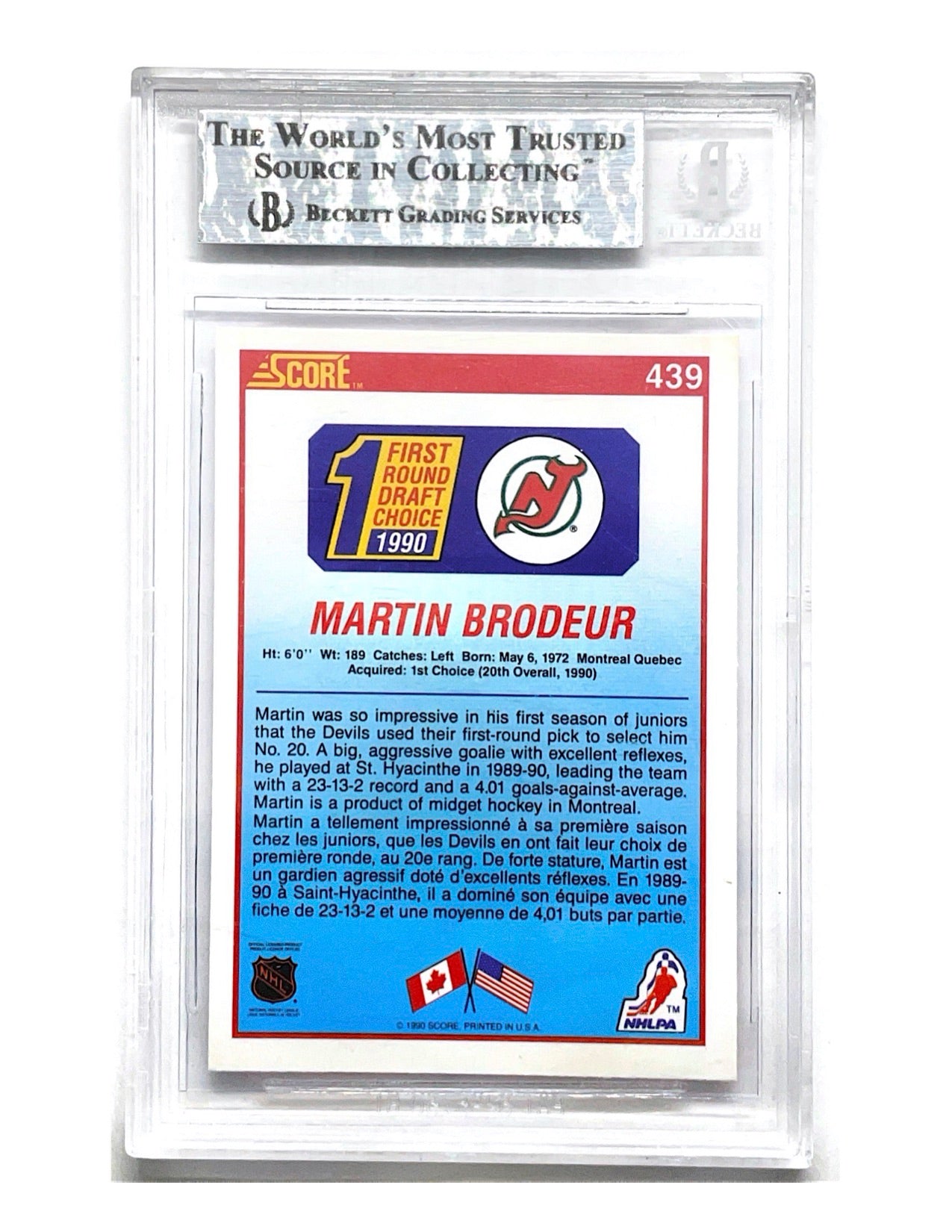 Martin Brodeur 1990-91 Score 1st Round Draft Choice Rookie #439 - BGS 8.5