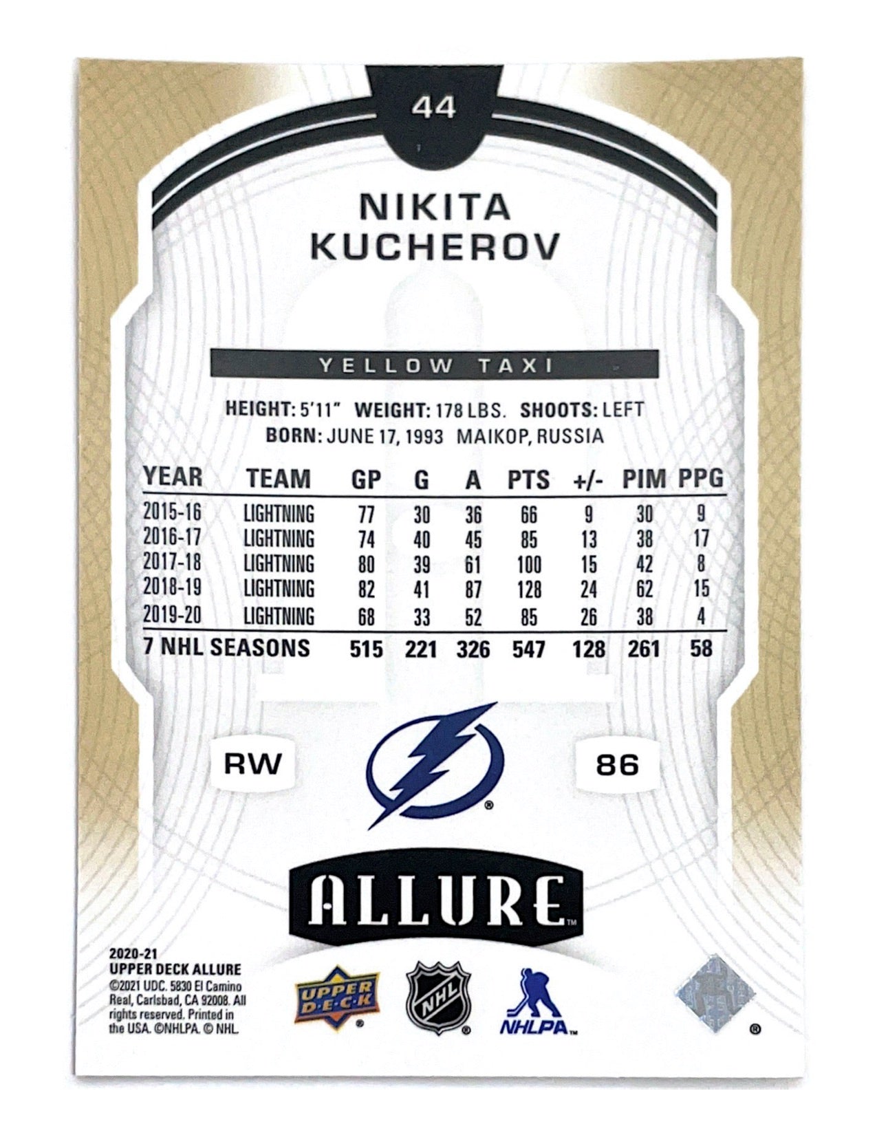 Nikita Kucherov 2020-21 Upper Deck Allure Yellow Taxi #44