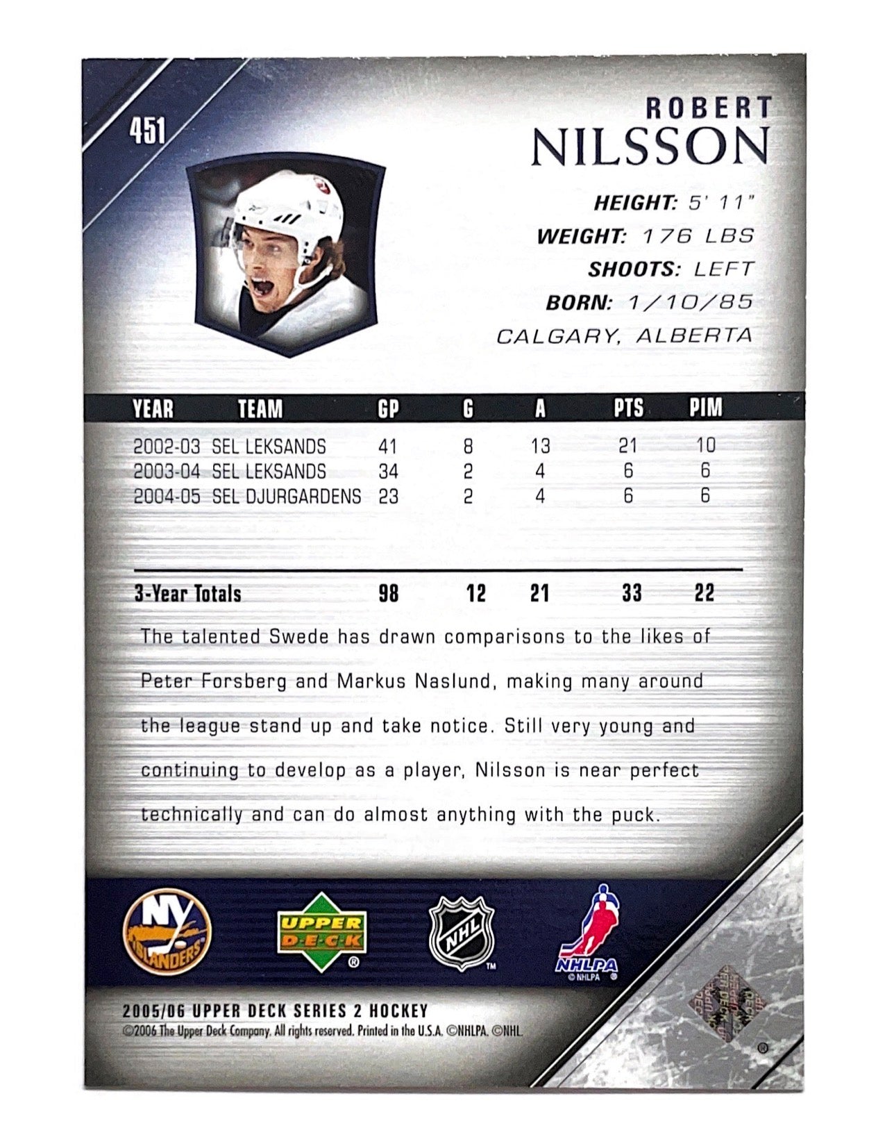 Robert Nilsson 2005-06 Upper Deck Series 2 Young Guns #451